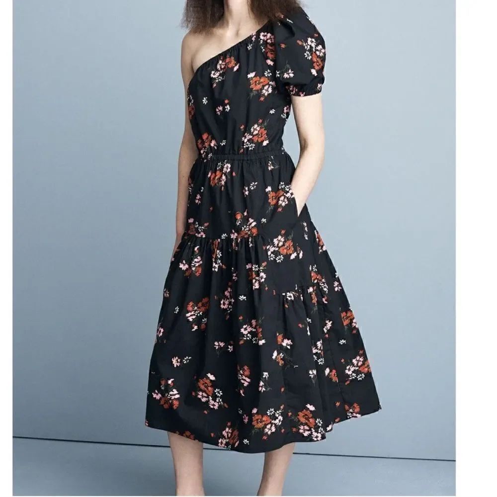 Rebecca Taylor Black Marguerite Floral One Shoulder Dress Size 4